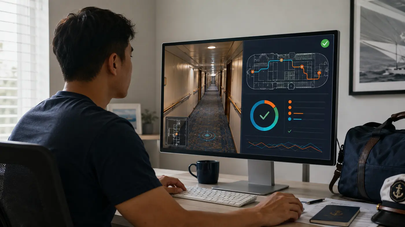 Crew member completing a photorealistic pre-boarding ship walkthrough with objective route evaluation