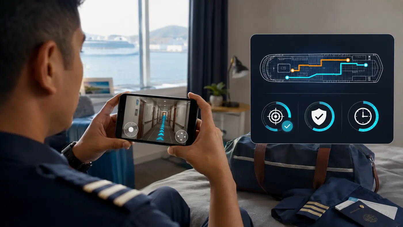 Crew member completing photorealistic C-Prep training and objective performance evaluation on a smartphone before joining the ship